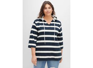 4063136374946 - Große Größen Kapuzenshirt mit Streifenmuster und 3 4-Arm nachtblau-weiß Gr44 46