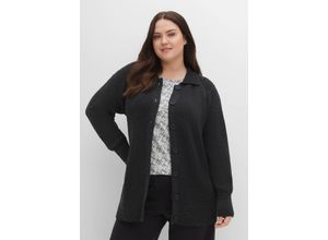 4063136386178 - Große Größen Strickjacke mit Umlegekragen in Perlfang-Struktur schwarz meliert Gr52 54