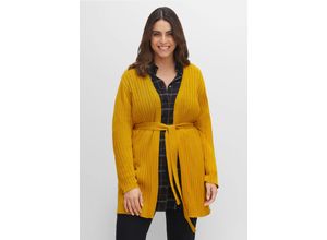 4063136386772 - Große Größen Longstrickjacke im Rippstrickmuster mit Bindegürtel senfgelb Gr52 54