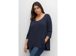 4063136393831 - Große Größen Longshirt in A-Linie mit tiefem V-Ausschnitt nachtblau Gr40 42