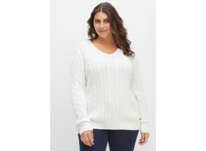 4063136393947 - Große Größen Pullover mit Zopfmuster und V-Ausschnitt weiß Gr44 46