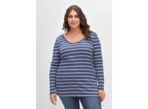 4063136403035 - Große Größen Langarmshirt mit Streifen in Rippqualität indigo-weiß Gr40 42