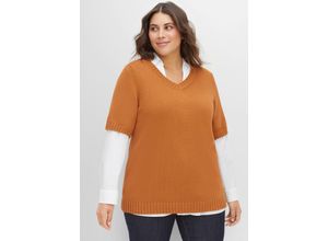 4063136407231 - Große Größen Kurzarmpullover mit V-Ausschnitt aus Baumwolle hellbraun Gr56 58