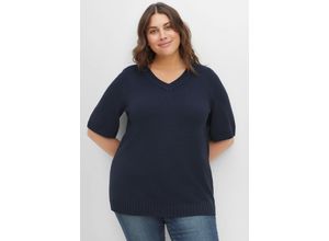 4063136407286 - Große Größen Kurzarmpullover mit V-Ausschnitt aus Baumwolle nachtblau Gr56 58