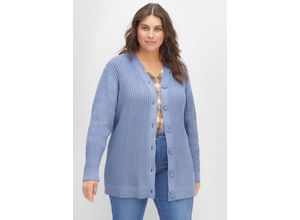 4063136407439 - Große Größen Strickjacke in Rippstruktur aus Baumwoll-Mix mittelblau Gr56 58