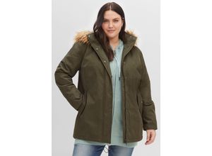 4063136411139 - Große Größen Parka mit Fellimitat-Kapuze und Oversized-Schultern dunkeloliv Gr44