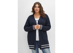 4063136412662 - Große Größen Longstrickjacke im Zopfmuster mit Streifen-Bündchen nachtblau Gr40 42