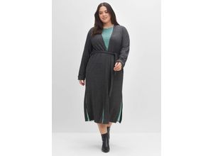 4063136468089 - Große Größen Longstrickjacke in Rippstruktur mit Bindegürtel rauchgrau Gr40 42