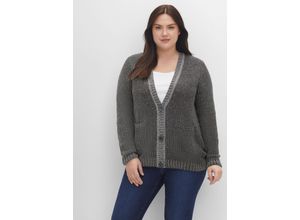 4063136474714 - Große Größen Strickjacke mit V-Ausschnitt und Taschen vorn schwarz meliert Gr40 42