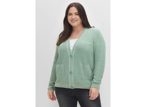 4063136474783 - Große Größen Strickjacke mit V-Ausschnitt und Taschen vorn salbeigrün meliert Gr48 50