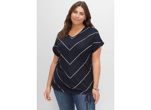 4063136475148 - Große Größen Shirt mit Streifen und Bindeband am Saum nachtblau-weiß Gr52 54