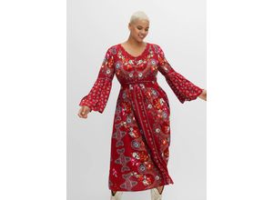 4063136475483 - Große Größen Maxikleid im Boho-Stil mit Trompetenärmeln mohnrot bedruckt Gr44