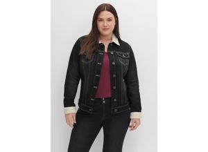 4063136496563 - Große Größen Jeansjacke mit Fellimitat an Kragen und Ärmeln black Denim Gr40