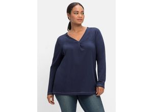 4063136519682 - Große Größen Langarmshirt in A-Linie mit Falte vorn und Effektgarn marine Gr40 42
