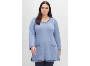 4063136541492 - Große Größen Longpullover mit V-Ausschnitt und Taschen vorn mittelblau Gr44 46