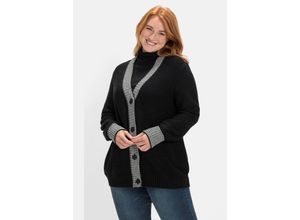 4063136541577 - Große Größen Strickjacke mit Kontrastdetails im Hahnentrittmuster schwarz Gr56 58