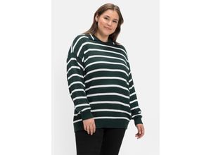 4063136544097 - Große Größen Pullover mit Streifen und Polokragen tiefgrün-weiß Gr44 46