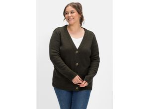 4063136569267 - Große Größen Strickjacke mit V-Ausschnitt im Baumwollmix dunkeloliv meliert Gr40 42