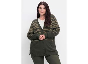 4063136569465 - Große Größen Strickjacke mit Kaschmiranteil und Taschen dunkeloliv Gr40 42