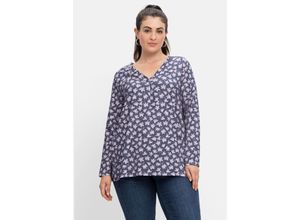 4063136645145 - Große Größen Langarmshirt mit Alloverdruck und Faltendetail indigo bedruckt Gr48 50