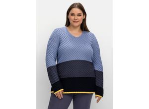 4063136709991 - Große Größen Pullover im Wabenstrickmuster mit Blockstreifen indigo gestreift Gr40 42