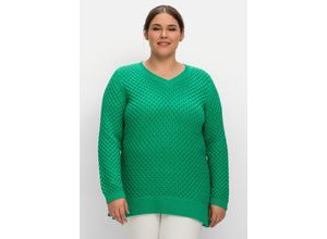 4063136710225 - Große Größen Pullover in Wabenstruktur mit V-Ausschnitt blattgrün Gr52 54