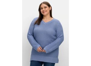 4063136710249 - Große Größen Pullover in Wabenstruktur mit V-Ausschnitt mittelblau Gr40 42