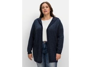 4063136710492 - Große Größen Kapuzenstrickjacke mit dezentem Ajourstrickmuster nachtblau meliert Gr40 42