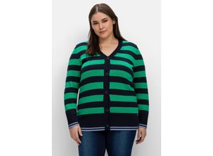 4063136710577 - Große Größen Strickjacke im Streifenmuster mit V-Ausschnitt nachtblau gestreift Gr52 54