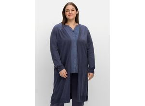 4063136730001 - Große Größen Longstrickjacke mit kleiner Stickerei am Ärmel indigo meliert Gr40 42