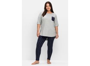 4063136777969 - Große Größen Pyjama-Set aus Shirt und Leggings marine+grau meliert Gr40 42