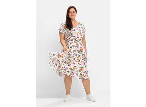 4063136844418 - Große Größen Kleid mit floralem Print und weitem Rockteil weiß gemustert Gr40