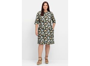 4063136844913 - Große Größen Kleid mit 3 4-Arm und Blumenprint dunkeloliv gemustert Gr40