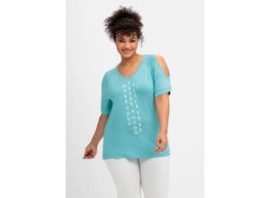 4063136847136 - Große Größen Shirt mit Wordingprint und Schulter-Cut-outs aqua Gr40 42