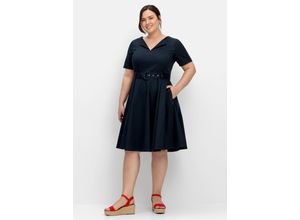 4063136857098 - Große Größen Weit schwingendes Kleid mit Gürtel und Reverskragen nachtblau Gr58