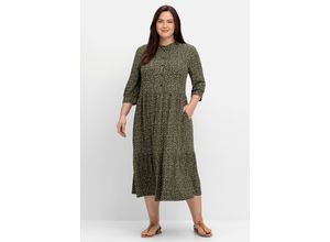 4063136861446 - Große Größen Jerseykleid im Millefleursprint mit Stufenvolant dunkeloliv gemustert Gr52