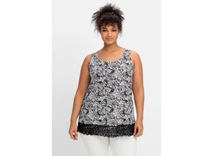 4063136863334 - Große Größen Top mit Schmetterlingsprint und Spitzensaum schwarz gemustert Gr42