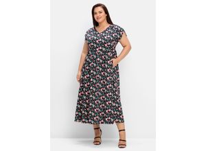 4063136864461 - Große Größen Jerseykleid mit Blumenprint und weitem Rock schwarz gemustert Gr42