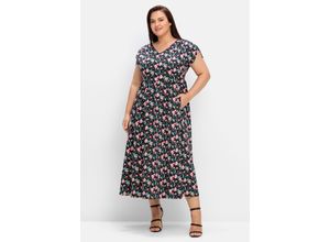4063136864485 - Große Größen Jerseykleid mit Blumenprint und weitem Rock schwarz gemustert Gr46