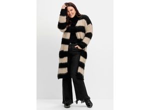 4063136875450 - Große Größen Strickjacke mit Blockstreifen in flauschiger Qualität schwarz-sand Gr40