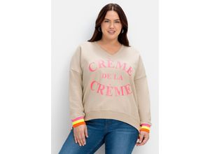 4063136877379 - Große Größen Sweater mit Wordingprint und Ringelbündchen sand Gr40