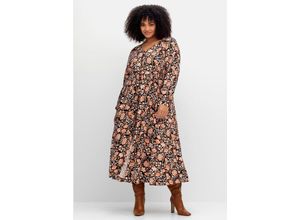 4063136882373 - Große Größen Maxikleid mit Blumenprint und gesmokter Taille schwarz gemustert Gr40