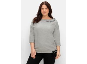 4063136888092 - Große Größen Oversized-Shirt mit Bindeband am Saum grau meliert Gr44 46