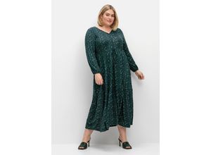 4063136902248 - Große Größen Jerseykleid mit Minimalprint und Taillen-Tunnelzug tiefgrün gemustert Gr58