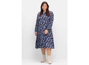 4063136902569 - Große Größen Jerseykleid mit Blumendruck in A-Linie nachtblau gemustert Gr52