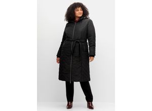 4063136906314 - Große Größen Steppmantel mit Fellimitat-Kapuze und Gürtel schwarz Gr52