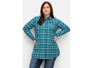 4063136906741 - Große Größen Longbluse in Crinkle-Qualität mit Fischgrät-Karos dunkelpetrol kariert Gr52