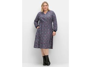 4063136908349 - Große Größen Hemdblusenkleid mit Alloverprint und Taillenbund nachtblau gemustert Gr40