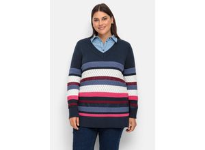 4063136914302 - Große Größen Gestreifter Pullover im Strickmix mit V-Ausschnitt nachtblau gemustert Gr40 42