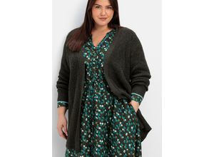 4063136914364 - Große Größen Longstrickjacke mit Perlfangmuster in offener Form dunkeloliv meliert Gr44 46